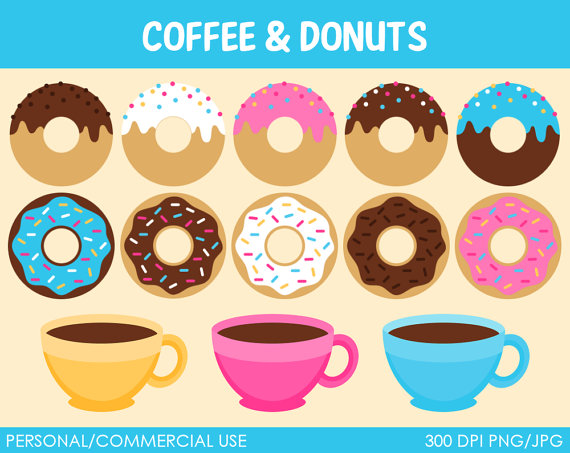 Colorful donuts with various frostings and sprinkles above three coffee cups in yellow, pink, and blue.