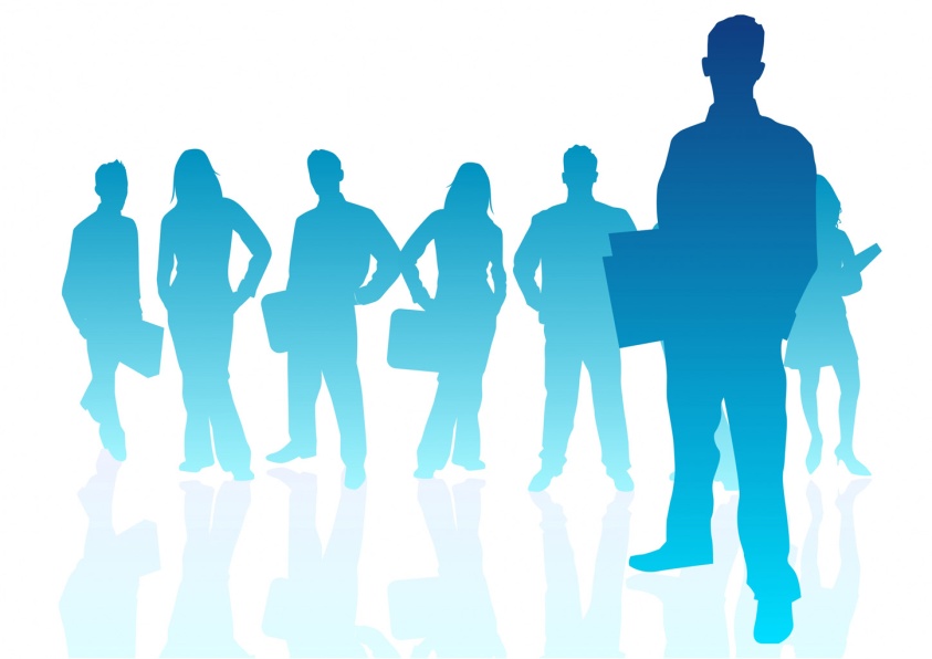 Blue gradient silhouettes of diverse professionals standing together with reflections on a white background.