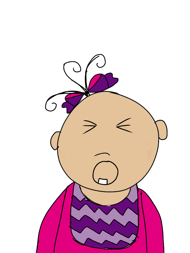 Cartoon baby with purple bow yawning widely, wearing pink top and zigzag-patterned bib.