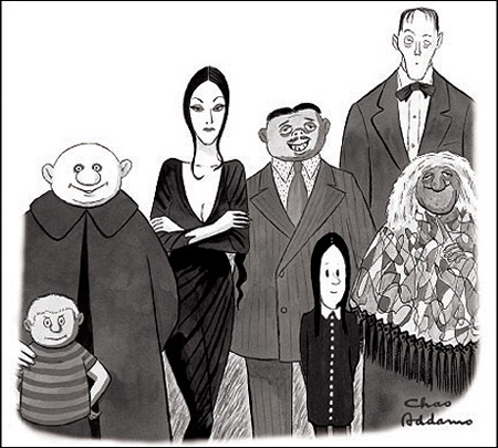 A black-and-white cartoon illustration of the Addams Family, including Gomez, Morticia, Uncle Fester, Lurch, Wednesday, Pugsley, and Grandma.