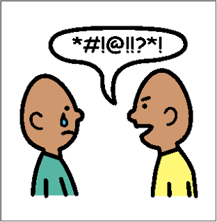 Two bald cartoon characters in a heated argument, one shouting expletives in a speech bubble.