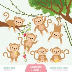 Seven playful cartoon monkeys swinging and sitting on tree branches with flowers and vines.