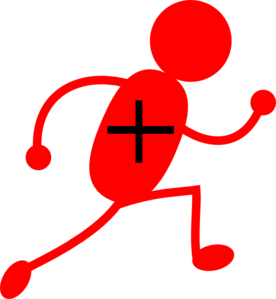 Red stick figure running with a medical cross on its torso, symbolizing health, fitness, or emergency response.