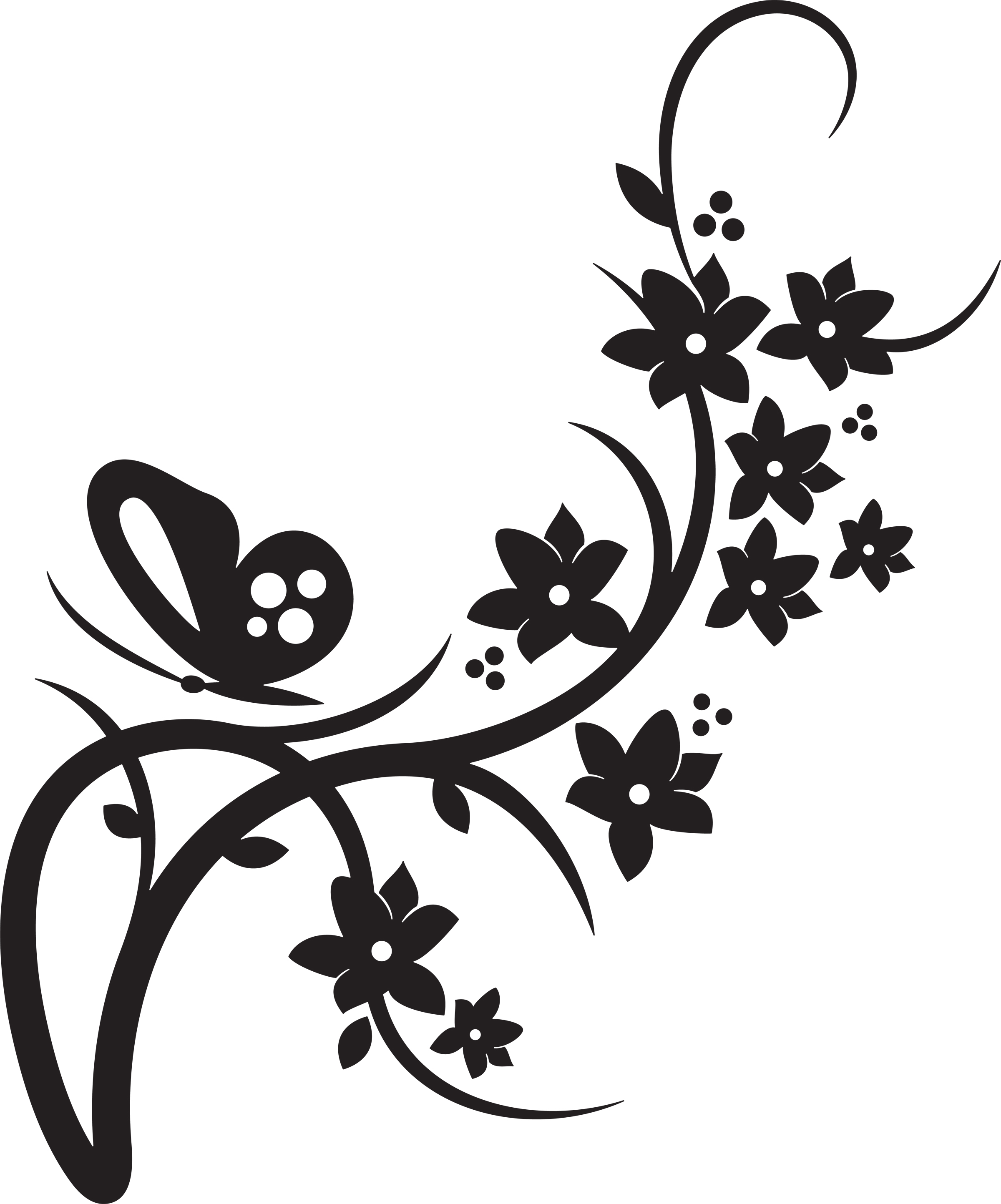 Black silhouette of a butterfly perched on a floral vine with blossoms and swirls, elegant vector design.