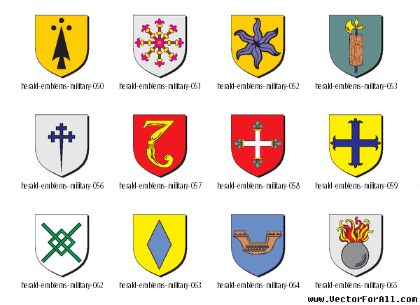 Collection of twelve military heraldic emblems featuring shields with crosses, stars, swords, ships, and flames in varied colors and designs.