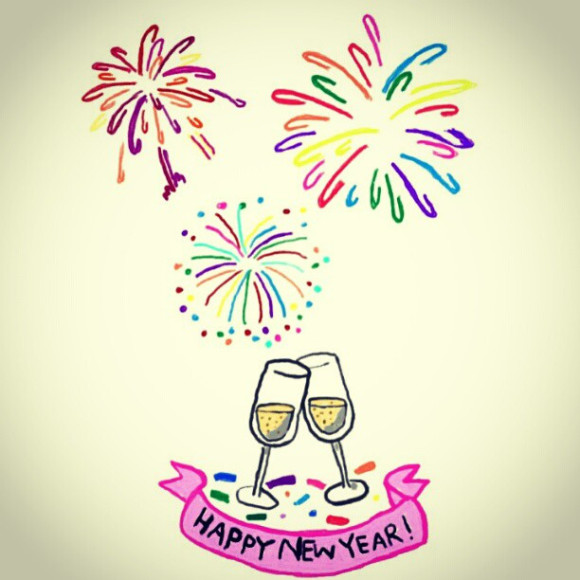 Hand-drawn colorful fireworks above two clinking champagne glasses with a "Happy New Year!" banner and confetti.