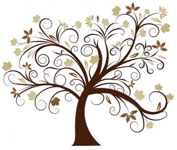 Stylized autumn tree with swirling brown branches and golden-brown leaves on white background.