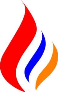 Abstract flame logo with red, blue, and orange stylized flames on black background.