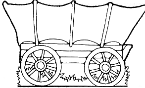 Black-and-white line drawing of a classic covered wagon with large spoked wheels and canvas canopy, resting on grass.
