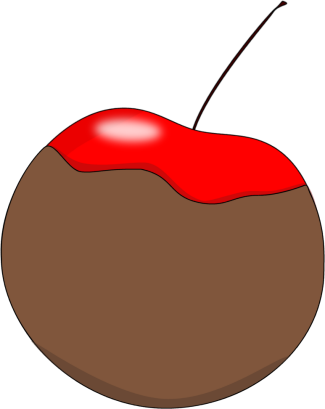 A glossy red cherry partially dipped in smooth brown chocolate, with a slender stem against a black background.
