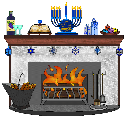 Festive Hanukkah fireplace scene with menorah, dreidels, wine, gifts, and a roaring fire.