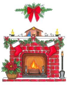 Cozy Christmas fireplace with glowing fire, red stockings, poinsettia, nativity scene, and green garland with red bow.