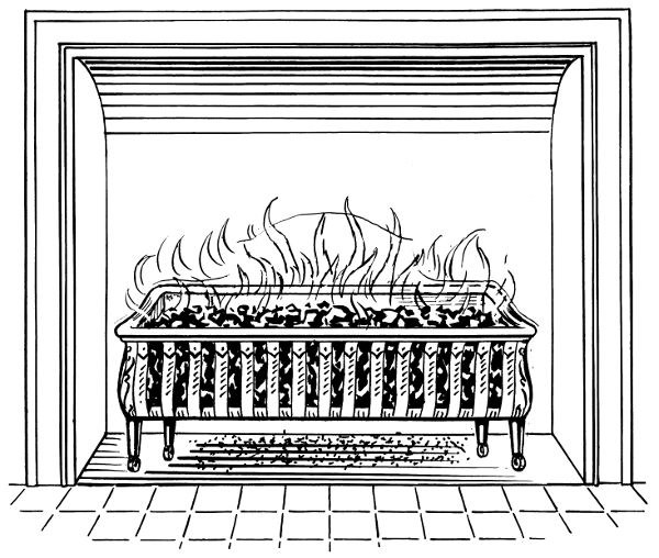 Vintage ornate fireplace with roaring fire, tiled hearth, and decorative metal grate in a classic mantel frame.