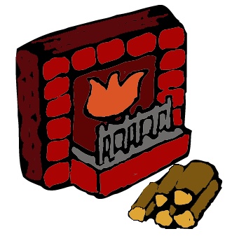 A cartoon-style brick fireplace with a roaring orange flame and a stack of firewood beside it.