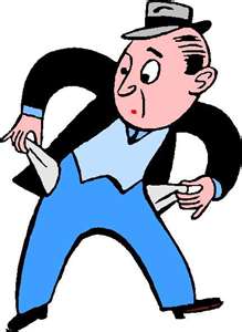A cartoon businessman in a suit and hat, pulling out empty pockets with a worried expression.
