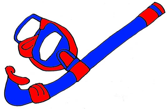 Blue and red snorkel mask and tube illustration on white background