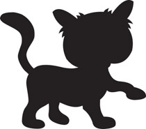 Black silhouette of a playful kitten in mid-step, tail raised and ears perked.