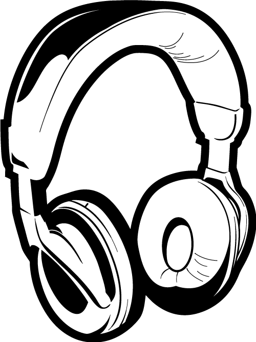 Black-and-white line illustration of over-ear headphones with padded earcups and headband.