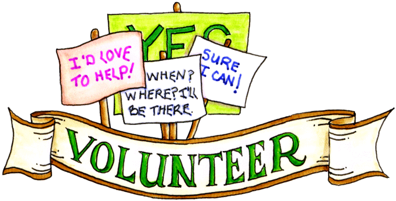 Hand-drawn illustration of colorful volunteer signs with phrases like "I'd love to help!" and "Sure I can!" under a banner reading "VOLUNTEER".