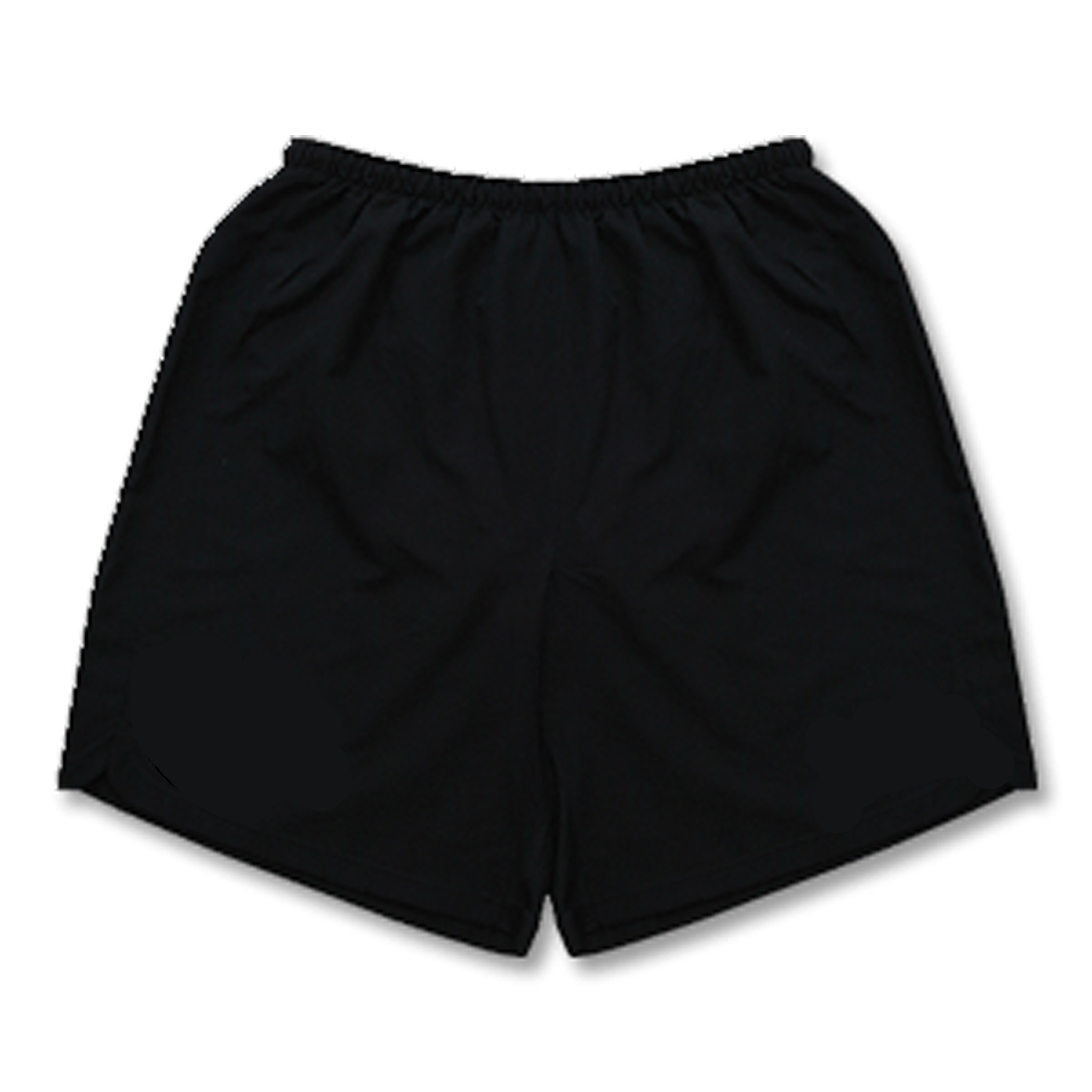 Black athletic shorts with elastic waistband and side pockets, displayed flat on white background.