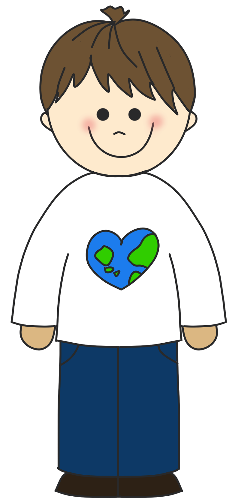 Smiling child wearing white shirt with heart-shaped Earth graphic, symbolizing environmental care and eco-friendliness.