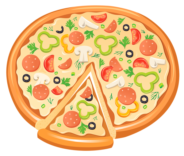 Cartoon-style pizza with pepperoni, mushrooms, olives, bell peppers, and herbs, one slice lifted.
