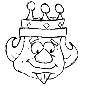 Cartoon king with a smiling face, curly hair, and a three-pointed crown.