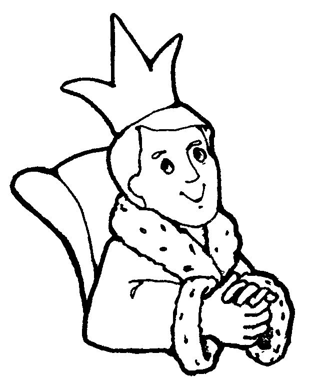 Black-and-white line drawing of a smiling king wearing a crown and fur-trimmed robe, seated on a throne.