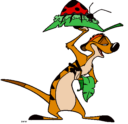 Timon from The Lion King balancing a leaf with a ladybug on his head, smiling playfully.