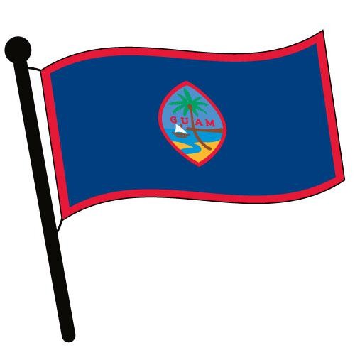 Waving flag of Guam with blue field, red border, and central seal featuring palm tree, beach, and "GUAM" text.