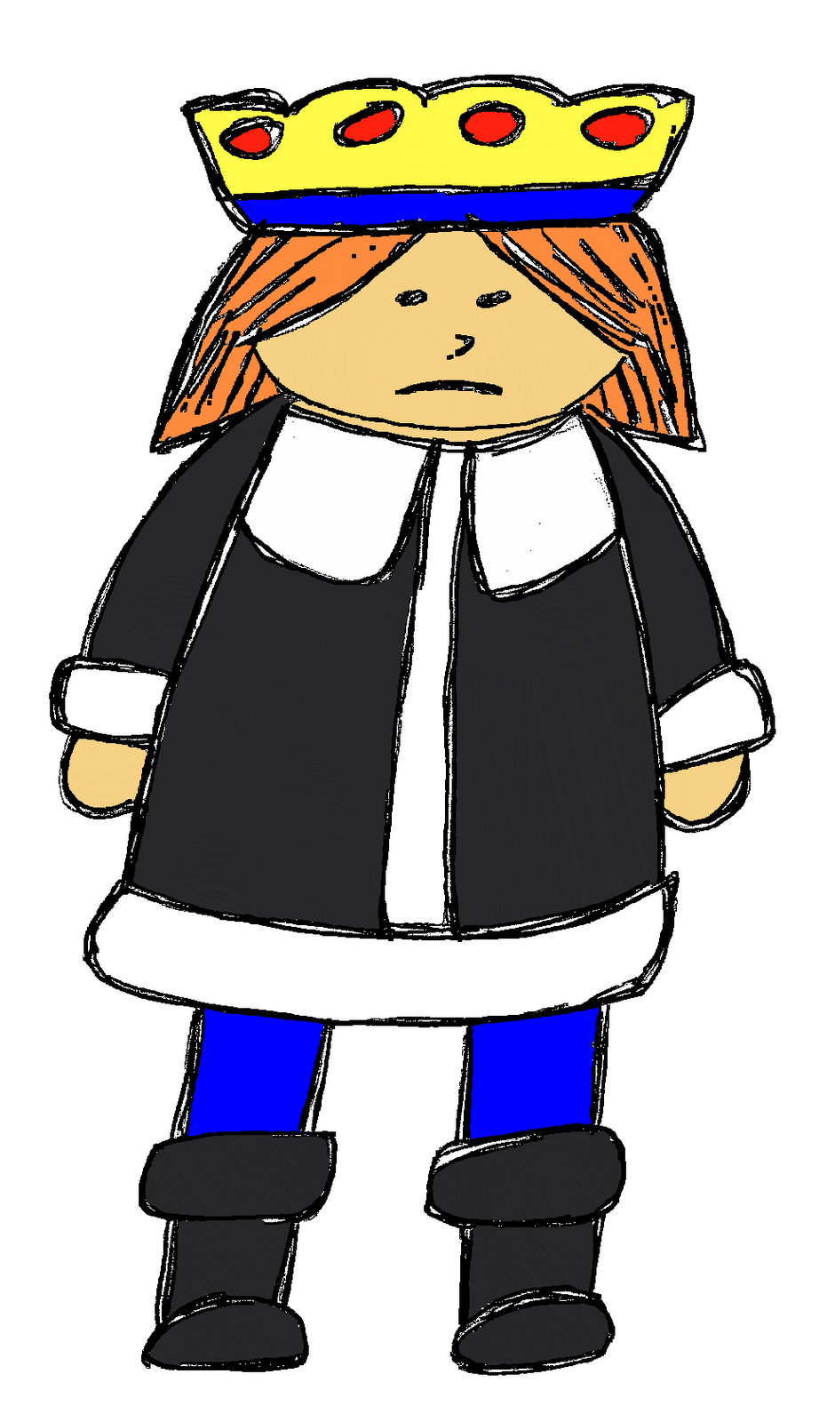 Sad cartoon king with yellow crown, black robe, blue pants, and black boots against black background.