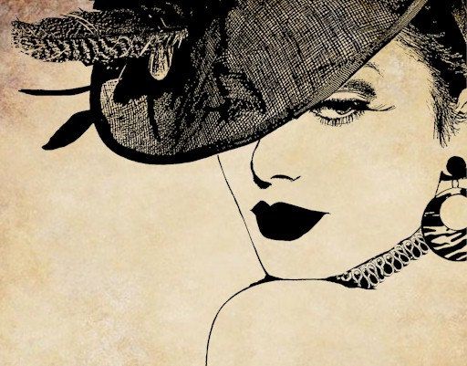 Vintage-style illustration of a woman in an elegant feathered hat and bold makeup, rendered in black ink on aged paper.