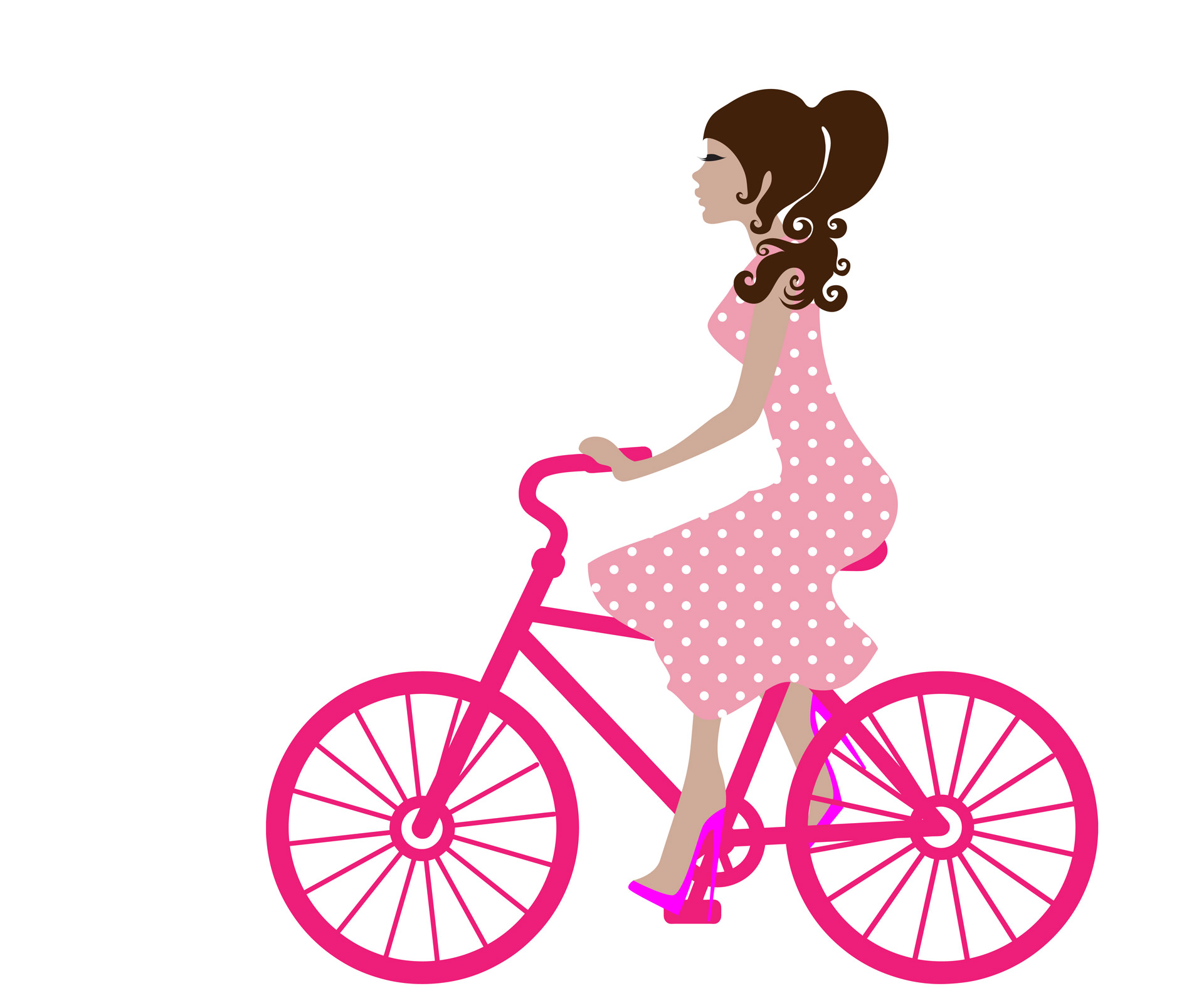 Stylish woman in pink polka-dot dress riding a bright pink bicycle, wearing high heels and with curly brown hair in a ponytail.