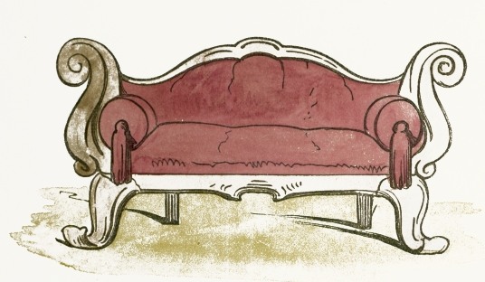 Vintage red upholstered sofa with ornate scrolled arms and carved wooden legs, hand-drawn illustration style.