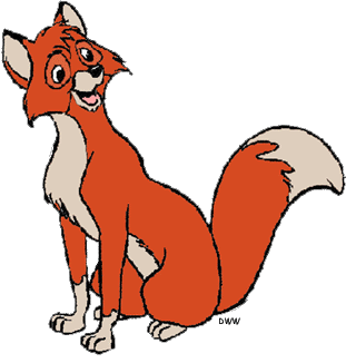 A cheerful cartoon red fox sitting upright with a friendly smile and bushy tail.