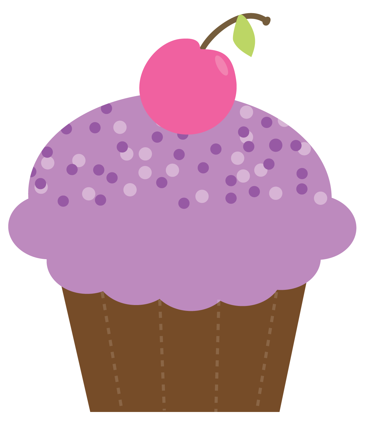 Purple frosted cupcake with white and purple sprinkles topped with a pink cherry and green leaf.