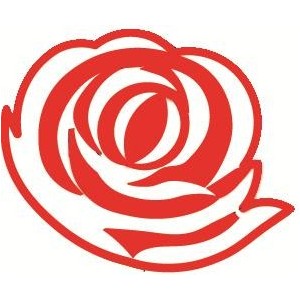 A bold red stylized rose logo with swirling petal lines on a white background.