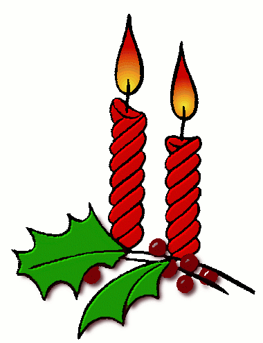 Two red twisted Christmas candles with flames, accompanied by green holly leaves and red berries.