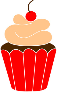 A cartoon-style cupcake with chocolate base, beige frosting, and a red cherry on top in a red paper liner.