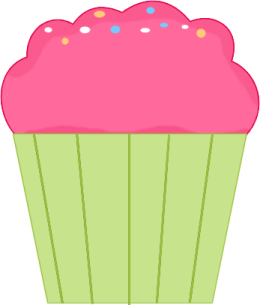 A cheerful cartoon cupcake with pink frosting, colorful sprinkles, and a light green paper liner.