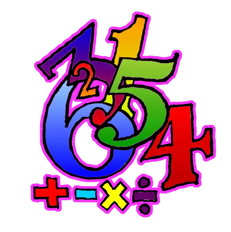 Colorful stylized numbers 1-6 and math operators (+, -, ×, ÷) in playful overlapping design with vibrant outlines.