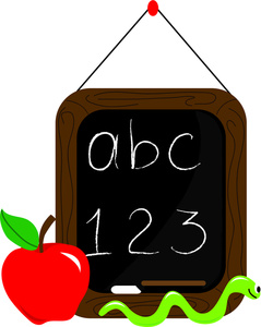 A wooden-framed chalkboard with "abc" and "123" written in chalk, flanked by a red apple and a green snake.