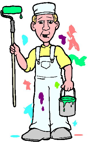 A cartoon painter in white overalls holding a green paint roller and bucket, with colorful splatters around him.