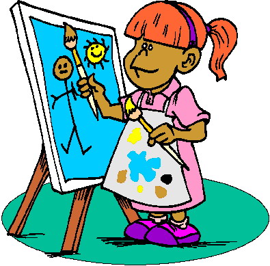 A smiling child with orange pigtails paints a sun and stick figure on canvas using a brush, wearing a paint-splattered apron.