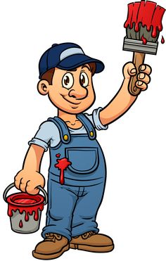 Cheerful cartoon painter in overalls holding a red paintbrush and bucket.