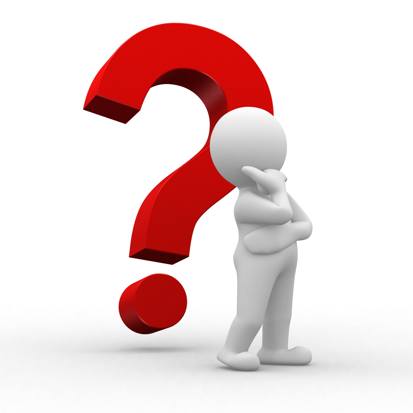 White 3D figure pondering beside a large red question mark on white background.