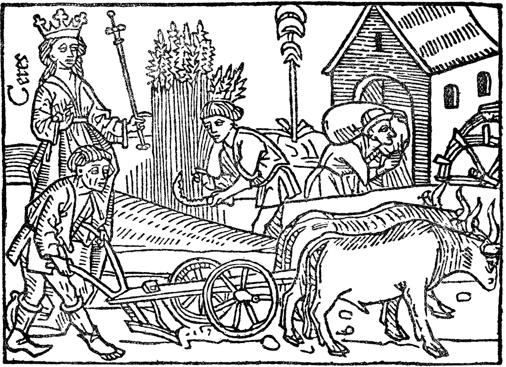 Medieval woodcut showing a crowned king observing peasants loading timber onto an ox-drawn cart near a rural building.