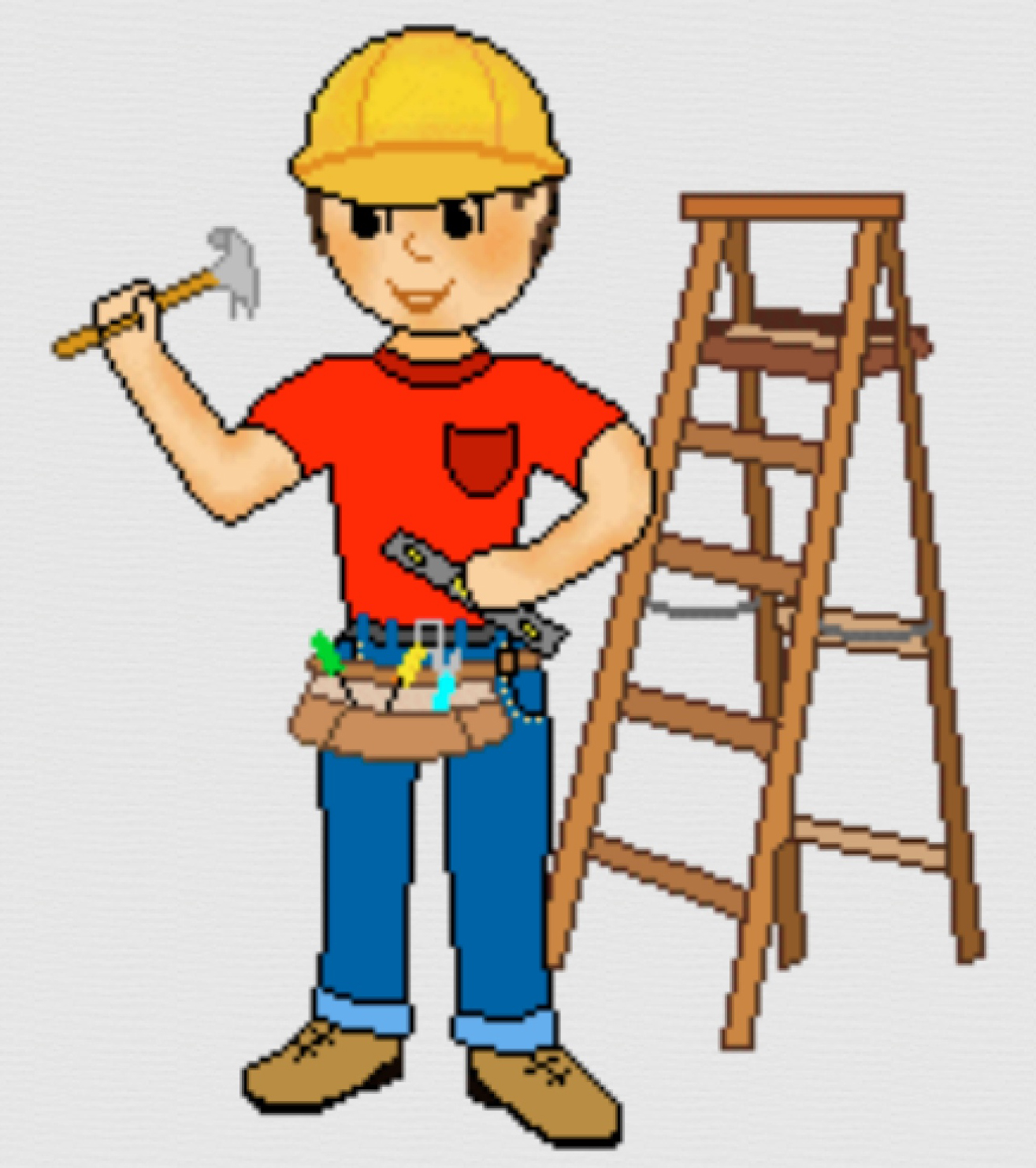 Pixel-art handyman in yellow hard hat holding hammer, wearing tool belt, standing beside wooden ladder.