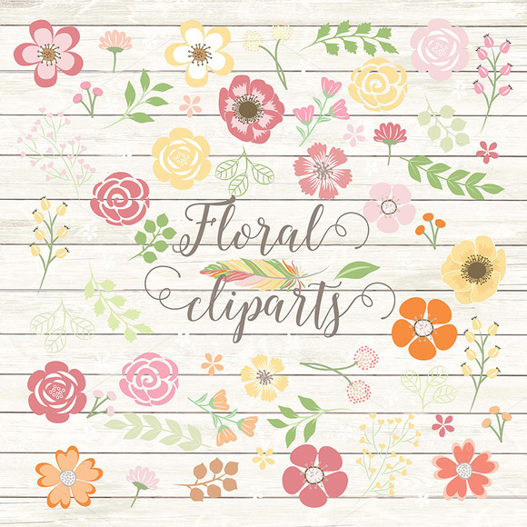 Colorful floral clipart collection with roses, daisies, and leaves on a rustic wood background.