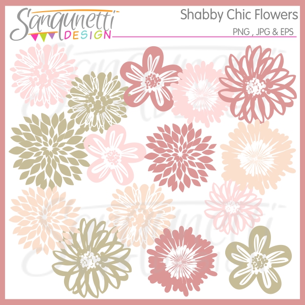 Shabby chic floral clipart set in soft pinks, sage greens, and creams with layered petal designs.